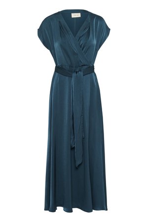 Teal värvitud satenist materjalist mähkmiseelik, millel on lühikesed varrukad, V-kaelus ja seotud taljevöö ning voolav seelik.