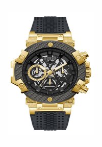 Chronograph-Uhr in Goldoptik mit schwarzem, strukturiertem Silikonarmband. Verfügt über eine schwarze Carbonfaser-Lünette und ein detailliertes Zifferblatt mit goldenen Akzenten.