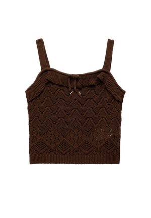 Brown knitted crop top with spaghetti straps, featuring a textured zigzag pattern and a ruffled neckline with a central tie detail.