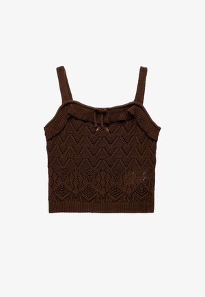 Brun strikket crop top med spaghettistropper, der har et struktureret zigzagmønster og en rynket halsudskæring med en central snøredetalje.