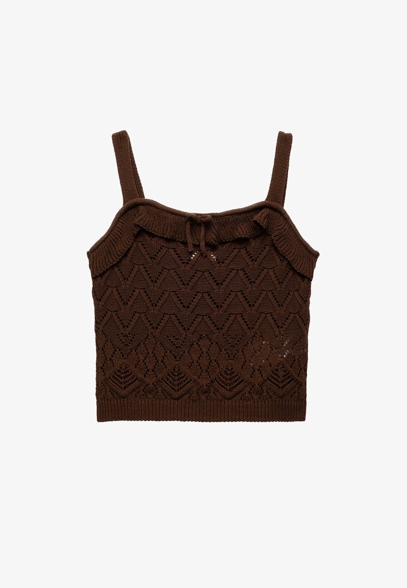 Brown knitted crop top with spaghetti straps, featuring a textured zigzag pattern and a ruffled neckline with a central tie detail.