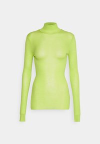 Langarm-Turtleneck-Oberteil aus leichtem, helllimonengrünen Stoff; taillierte Passform mit glatter Textur und ohne sichtbare Muster oder Metallteile.