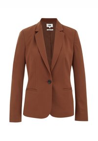 Brun blazer tillverkad av stretchtyg, med slagkrage, enstaka knappknäppning och två framfickor. Slät textur och skräddarsydd passform.