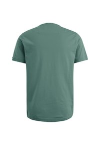 T-shirt a maniche corte di colore verde tenue, realizzato in cotone, con scollatura rotonda e una trama semplice con orlo leggermente curvo.