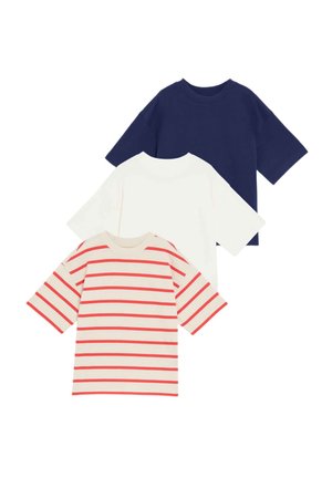 Set of three t-shirts: one navy, one white, and one cream with red horizontal stripes. Cotton material with short sleeves and crew necks.