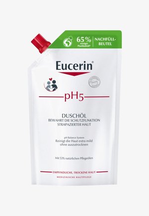 Eucerin pH5 Duschöl in einem flexiblen weißen Beutel mit rotem Deckel. Enthält deutschen Text über Hautpflegevorteile und natürliche Öle.