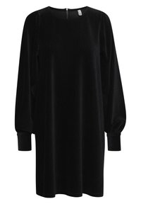 Svart kordfløyelsklänning med långa, puffiga ärmar, rund halsringning och dragkedja bak. Texturerade vertikala ränder över hela tyget.