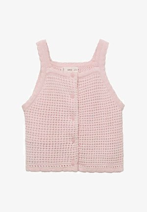 Top court en tricot rose clair avec larges bretelles, comportant un devant à boutons et un motif en tissage ouvert texturé. Matériau en coton doux.
