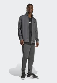 Chaqueta deportiva gris con cuello alto y cremallera, combinada con pantalones a juego y zapatos negros con tres rayas blancas. Camiseta negra sencilla debajo.