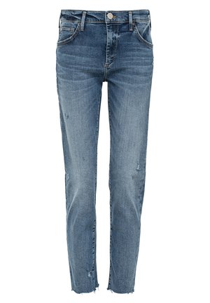 Jeans de mezclilla azul claro con corte recto, que presentan detalles desgastados, cinco bolsillos y un cierre de botón en la cintura.