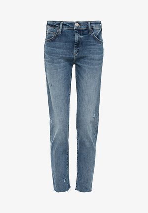 Jeans de mezclilla azul claro con corte recto, que presentan detalles desgastados, cinco bolsillos y un cierre de botón en la cintura.