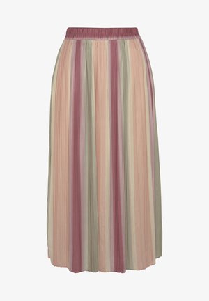 Plissé midi rok met een elastische tailleband, met verticale strepen in pastelroze, groen en crème tinten. Lichtgewicht, vloeiende stof.