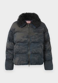Black quilted puffer jacket with faux fur collar, zipper closure, and subtle camouflage pattern. Features two side pockets.