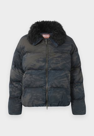 Black quilted puffer jacket with faux fur collar, zipper closure, and subtle camouflage pattern. Features two side pockets.