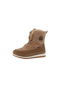Botte d'hiver imperméable marron avec un design matelassé, col en fourrure, semelle texturée et lacets ajustables. Comprend un détail de logo.