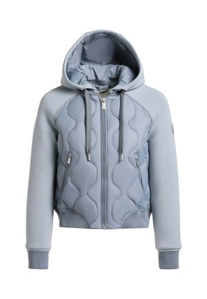 Svetlomodrá prešívaná bunda s kapucňou, predným zipsom, kapucňou so sťahovacou šnúrkou, zapínanými bočnými vreckami a rebrovanými manžetami.