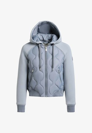 Svetlomodrá prešívaná bunda s kapucňou, predným zipsom, kapucňou so sťahovacou šnúrkou, zapínanými bočnými vreckami a rebrovanými manžetami.