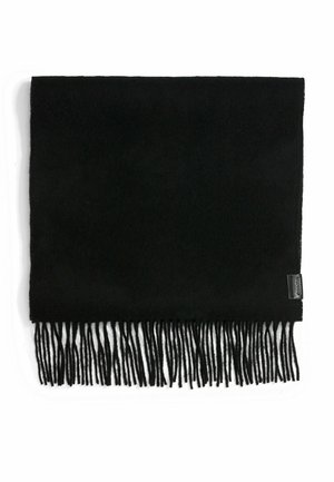 Écharpe rectangulaire noire avec des extrémités à franges et une petite étiquette de marque sur un côté, sur fond blanc.