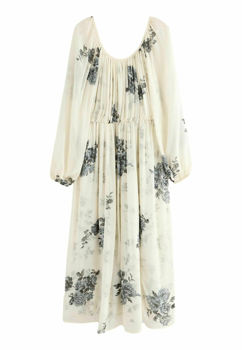 Blumendruckkleid in Creme mit grauen Rosen, mit gerafftem Ausschnitt und langen Puffärmeln, aus leicht fließendem Stoff.