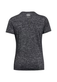 Short-sleeve athletic t-shirt in black and gray heathered fabric, featuring a round neckline and logo at the back center.