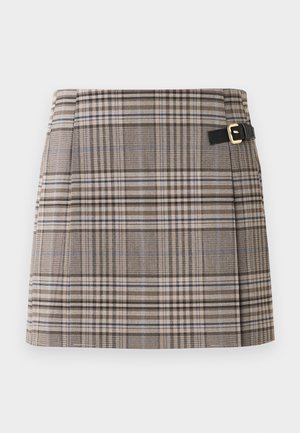 Rutet mini nederdel i brune, beige og blå nuancer med en spænde detaljer på et sort bælte. Struktureret stof med plisseringer foran.