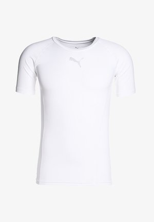 Camisola atlética de mangas curtas, branca, feita de um tecido liso e elástico, com um logo subtil ao nível do peito. Decote redondo clássico.