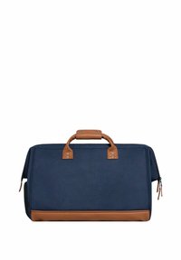 Sac en tissu navy avec des accents en cuir marron, deux poignées supérieures et une fermeture éclair. Il présente une forme rectangulaire et une surface texturée.