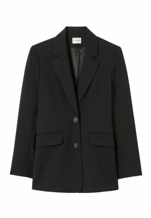 Blazer nero strutturato con rever a incavo, due tasche frontali e chiusura con un solo bottone. Realizzato in tessuto liscio con vestibilità sartoriale.