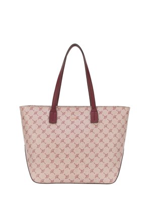 Bolsa tote beige con patrón circular burdeos y asas burdeos a juego, con un pequeño logo dorado centrado cerca de la parte superior.