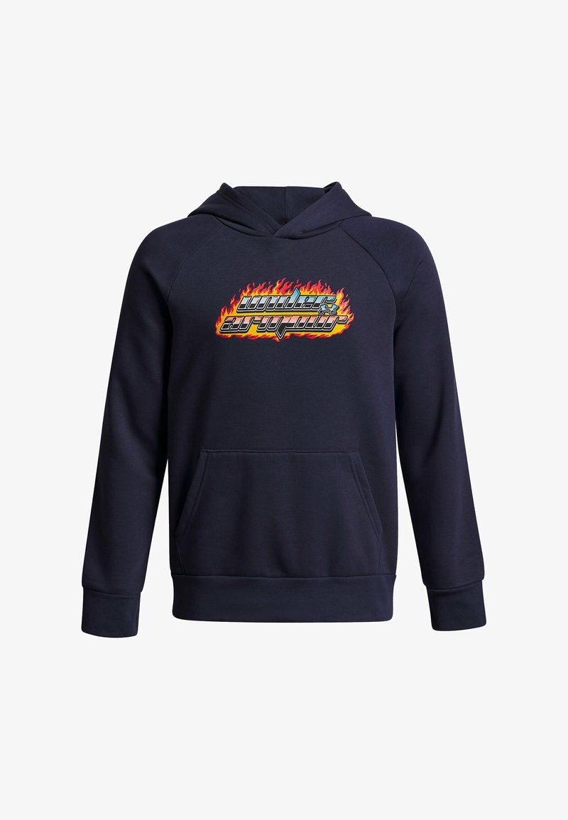 Sudadera color azul marino con bolsillo canguro frontal y gráfico de texto en llamas colorido centrado en el pecho.