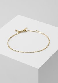 Bracciale in oro con maglie rettangolari, chiusura a moschettone con un piccolo etichetta e una catena regolabile per variare la lunghezza.