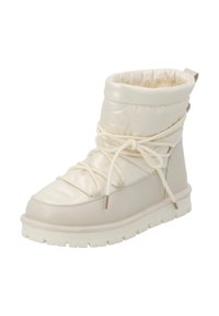 Stivaletto bianco imbottito alla caviglia realizzato in materiale sintetico. Caratterizzato da punta arrotondata, chiusura con lacci e suola testurizzata per una migliore aderenza. Fodera morbida visibile.