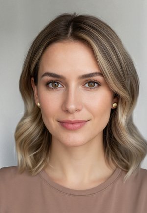 Ritratto di una persona con capelli ondulati, castano chiaro, lunghi fino alle spalle, che indossa un top beige e orecchini a bottone dorati, con trucco naturale.