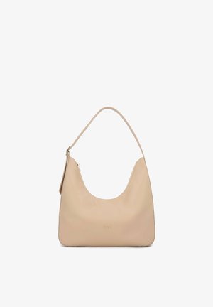 Bēšas krāsas ādas hobo soma ar izliekta siluetu, vienu plecu siksnu un rāvējslēdzēja aizdari. Priekšpusē redzams smalks logotips.