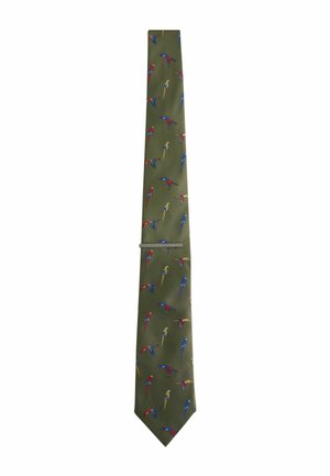 Green necktie with a silver tie clip, decorated with a repeating pattern of colorful parrots in red, blue, and yellow.