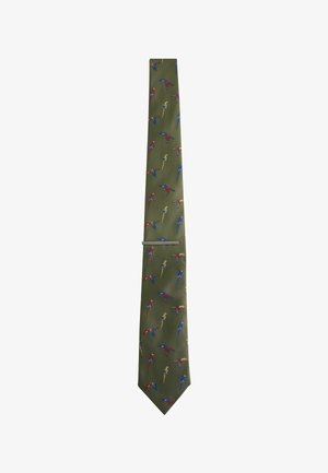 Green necktie with a silver tie clip, decorated with a repeating pattern of colorful parrots in red, blue, and yellow.