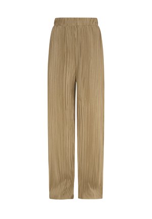 Beige Plissee-Hosen mit einem elastischen Bund und weitem Bein, aus einem strukturierten Stoff, der vertikale Linien erzeugt.