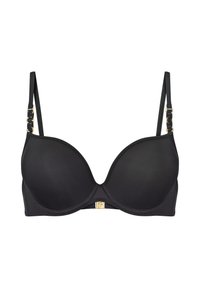 Czarny stanik z wyściółką i fiszbinami, wykonany z gładkiego, elastycznego materiału, z regulowanymi ramiączkami z złotymi detalami oraz z zapięciem na środku.