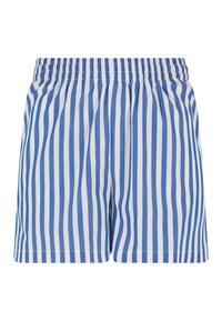 Modré a bílé pruhované šortky s elastickým pasem, vyrobené z lehké bavlny, s vertikálními pruhy a přímým střihem.