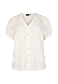 Blusa bianca a maniche corte con scollatura a V, chiusura con bottoni e motivo floreale testurizzato. Realizzata in tessuto leggero con una vestibilità comoda.