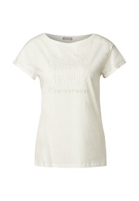 Bílé bavlněné tričko s volným střihem, kulatým výstřihem a krátkými rukávy. Obsahuje třpytivou grafiku se slovem "SPOKOJENOST" uprostřed.