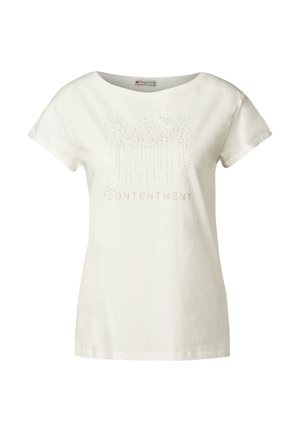 Biała bawełniana koszulka z luźnym krojem, okrągłym dekoltem i krótkimi rękawami. Posiada błyszczący grafikę z napisem "ZADOWOLENIE" na środku.
