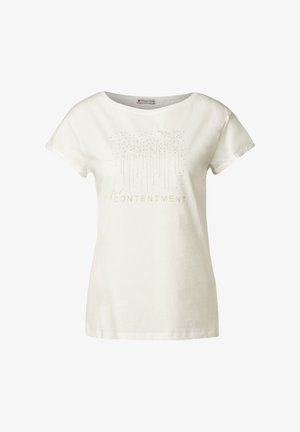 T-shirt en coton blanc avec une coupe décontractée, un col rond et des manches courtes. Il présente un motif scintillant avec le mot "CONTENTEMENT" au centre.