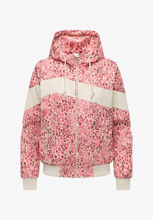 Giacca con cappuccio in stampa leopardata rosa e bianca con cerniera frontale, striscia diagonale bianca, coulisse e tasche laterali con cerniera.