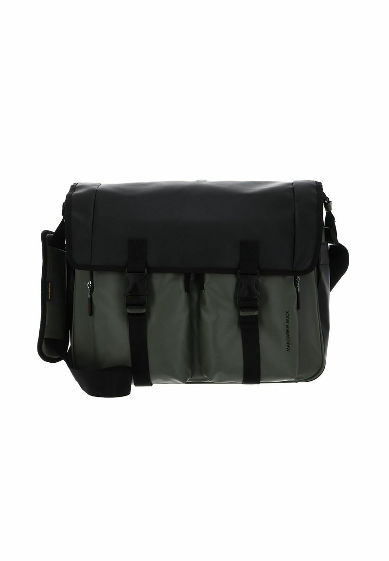 Sac messager en matériau noir et vert imperméable, doté de deux boucles à l'avant, d'une bandoulière ajustable et d'une texture lisse avec un design épuré.