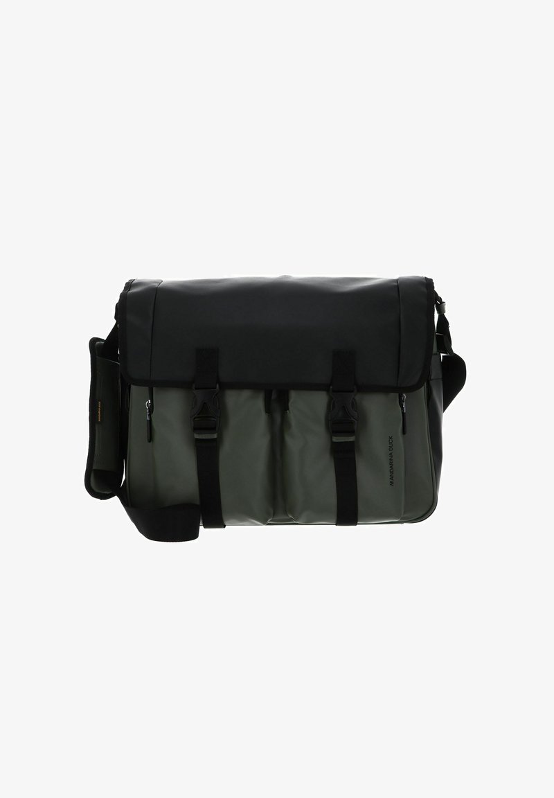 Sac messager en matériau noir et vert imperméable, doté de deux boucles à l'avant, d'une bandoulière ajustable et d'une texture lisse avec un design épuré.