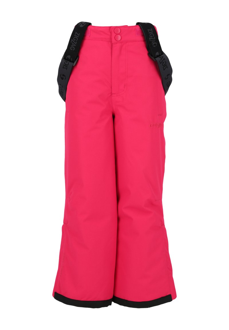 Pantalons de neige roses avec bretelles noires réglables, coupe large, couleur unie et accents noirs au bas. Le tissu semble être résistant à l'eau.