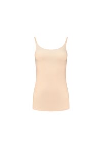 Camisola aderente color nude con spalline sottili e una texture liscia. Design semplice senza hardware o motivi visibili.