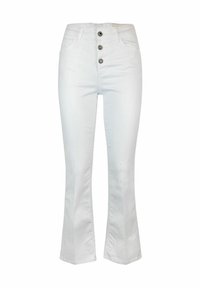 Jeans bianchi a campana con vita alta, dotati di chiusura a cinque bottoni, due tasche anteriori e un tessuto in morbido cotone misto.