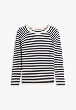 Tengerészkék és fehér csíkos hosszú ujjú pulóver kerek nyakkivágással és egy kis logóval a mellrészen. Kötött anyag textúrája.